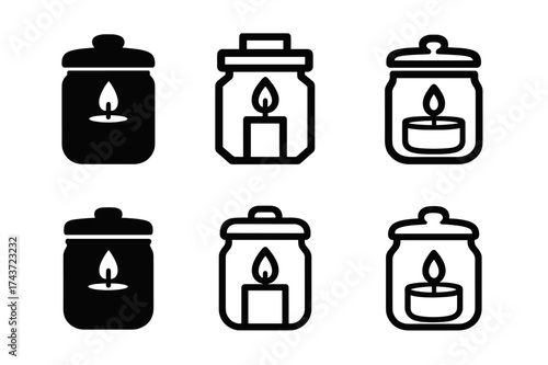 Candle Logo Variations. Candles. Set Logo of Candles: scented candle with lid. harmonious logo variations of the same emblematic concept, each with different