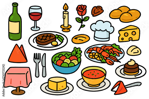 Doodle Dining Delights. Fine dining. Colorful Hand-drawn doodle Children illustration Wine bottle, glass, steak plate, seafood platter, bread rolls, cheese,