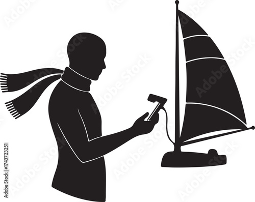 Silhouette of a person wearing a scarf holding a remote control for a model sailboat on a white background