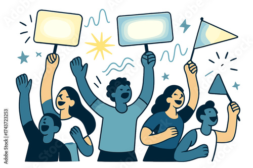 Festival Crowd Energy. Cheering crowd. Stylized audience figures raising glowing banners and flags, abstract spark and soundwave icons radiating excitement. A