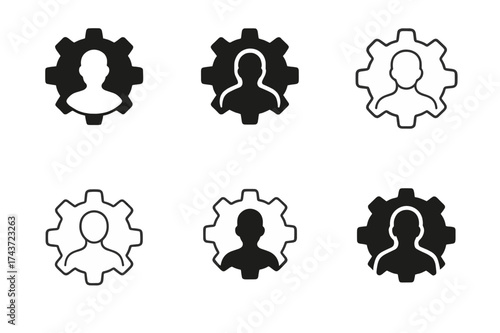 Spinning Gears Logos. Improving your ability to multitask. Set Logo of spinning gears: multiple cogwheels around a human figure. harmonious logo variations of