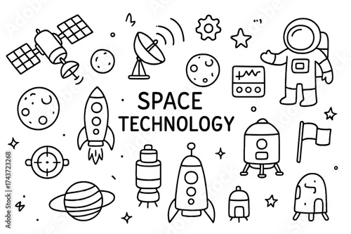 Space Technology Doodles. Space technology. Hand-drawn doodle illustration space technology satellite, solar panel, antenna, gear, control panel, rocket,