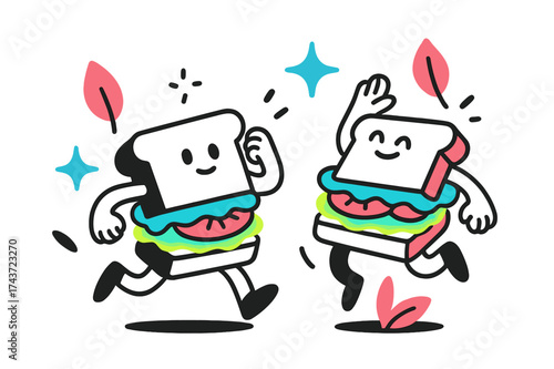Glowing Mini Sandwiches. Fresh and Light. Mini sandwiches with glowing layers of lettuce and tomato, abstract floating spark and leaf shapes symbolizing