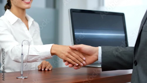 Business handshake a woman in a white shirt and a man in a suit shaking hands across a desk in an office environment, conveying partnership and agreement