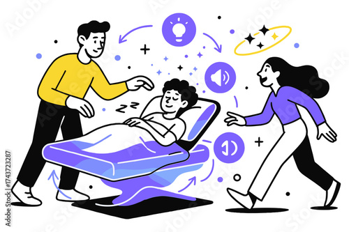 Futuristic Sleep Technology. Future sleep tech. Holographic glowing bed adjusting automatically, floating