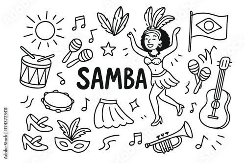 Samba Doodle Celebration. Samba. Hand-drawn doodle illustration of Samba. Drum, dancer, feather headdress,
