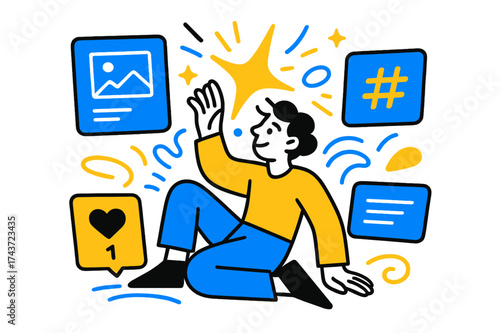 Digital Creativity Hub. Content creation hub. A character surrounded by floating glowing screens with posts, hashtags, and likes, abstract sparks symbolizing