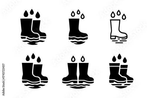 Rain Boots Logos. Rain-Soaked Earth. Set Logo of Rain-Soaked Earth: boots. harmonious logo variations of the same emblematic concept, each with different