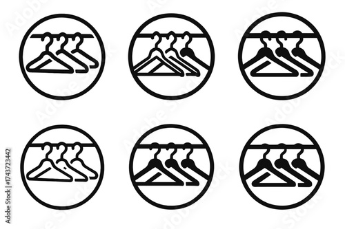 Hanger Logo Variations. Closet rod. Set Logo of circular badge: rod and hangers framed inside circle. harmonious logo variations of the same emblematic