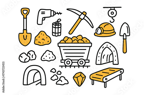 Mining Tools Illustration. Mining. Hand-drawn doodle illustration mining mine cart (accented), shovel, pickaxe (accented), helmet with lamp (accented), gold