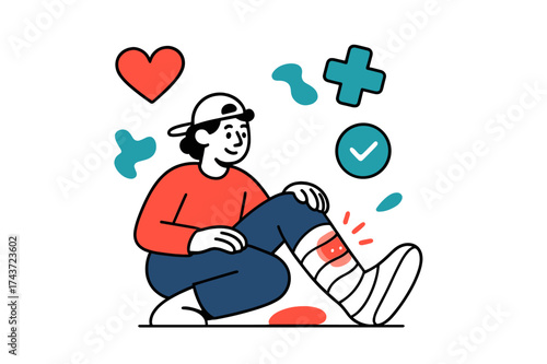 Healing Transcendence. Wounded leg. A character sitting with a bandaged leg glowing with soft red marks. Floating abstract shapes of care and healing surround.