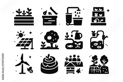 Urban Permaculture Icons. Permaculture Design for Urban Environments. Solid icons set of Permaculture Design: raised garden bed, compost bin, rainwater