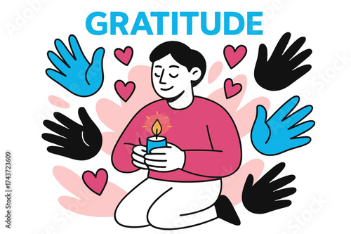 Gratitude Candle Ritual. Gratitude ritual. A person holding a small glowing candle, abstract shapes of hands and hearts floating around. Word ?Gratitude?