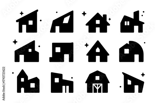Asymmetrical House Icons. Asymmetrical house exteriors. Solid icons set of tilted roof house, slanted window house, staggered levels house, offset chimney
