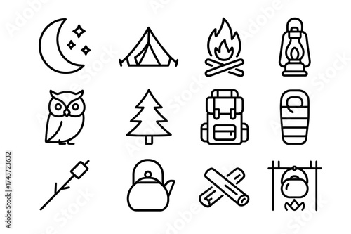 Camping Icons Set. Night Camping. Line icon set of Night Camping: moon, stars, tent, campfire, lantern, owl, tree, backpack, sleeping bag, marshmallow, kettle,