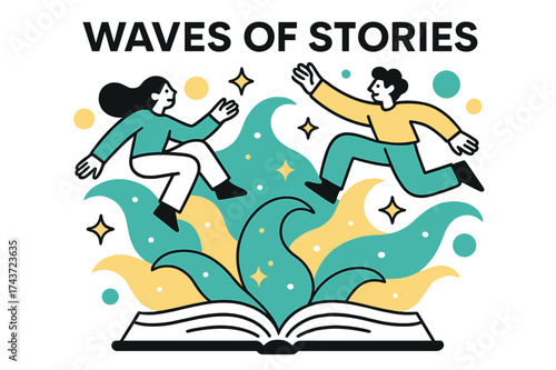 Imaginative Book Waves. Waves of Stories. A glowing book where turning pages transform into abstract floating waves and stars symbolizing imagination. Modern