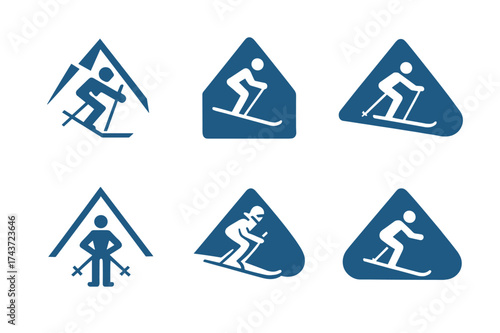 Ski Logo Variations. Skiing. Set Logo of Skiing: mountain peak. harmonious logo variations of the same emblematic concept, each with different artistic