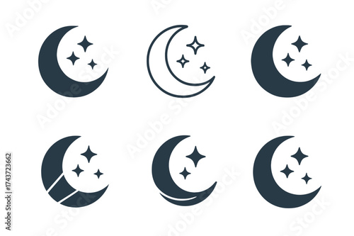 Wellness Moon Logos. Healthy sleep habits. Set Logo of Wellness: crescent moon with stars icon. harmonious logo variations of the same emblematic concept, each