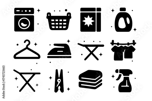 Laundry Icon Set. Laundry Supplies. Solid icons set of Laundry Supplies: washing machine, laundry basket, detergent box, fabric softener, hanger, iron, ironing