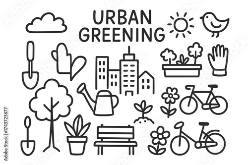 Urban Greening Icons. Urban Greening. Hand-drawn doodle illustration Urban Greening city skyline, tree, potted plant, shovel, watering can, rooftop garden,