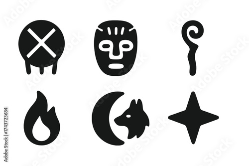Shaman Icon Set. Shaman. Filled icon set of Shaman: drum, feather, mask, staff, flame, moon, animal spirit,