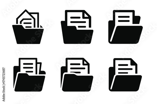 Diverse Logo Designs. Students making presentations and projects. Set Logo of project folder: documents inside open folder. harmonious logo variations of the