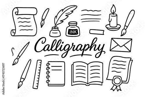 Calligraphy Essentials. Calligraphy. Hand-drawn doodle illustration calligraphy feather pen, ink bottle, scroll, fountain pen, paper sheet, lettering, ruler,