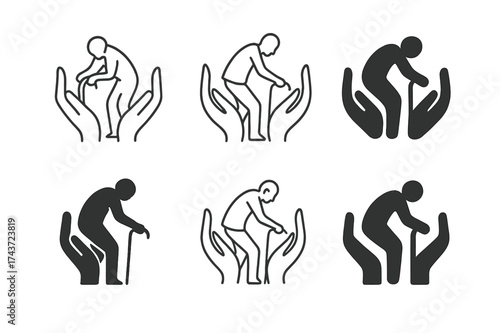 Elderly Support Logos. Physical wellness and mobility for the elderly. Set Logo of supportive hands: hands helping an elder to stand. harmonious logo