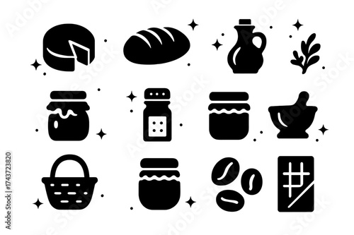 Artisanal Food Icons. Artisanal Food. Solid icons set of cheese wheel, bread loaf, olive oil bottle, honey jar, spice jar, herbs, cutting board, jam jar,