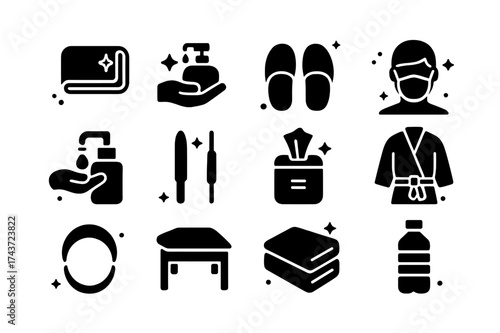 Spa Hygiene Icons. Spa Hygiene Standards. Solid icons set of Spa Hygiene Standards: clean towel, hand sanitizer, disposable slippers, personal protective