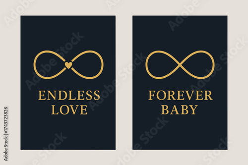 Eternal Love Banners. Eternity. Two vertical A6 banners with safe margins, centered composition, no elements touching edges, modern minimal, navy and gold,