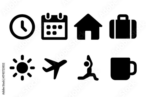 Flexibility Icon Set. Flexibility. Filled icon set of Flexibility: clock, calendar, home, suitcase, sun,