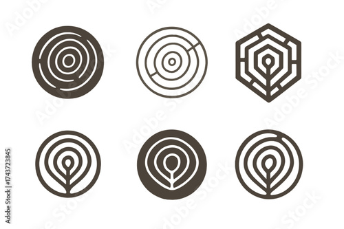 Wooden Deck Logos. Deck builders constructing wooden decks. Set Logo of wood grain circle: stylized tree ring pattern representing timber. harmonious logo