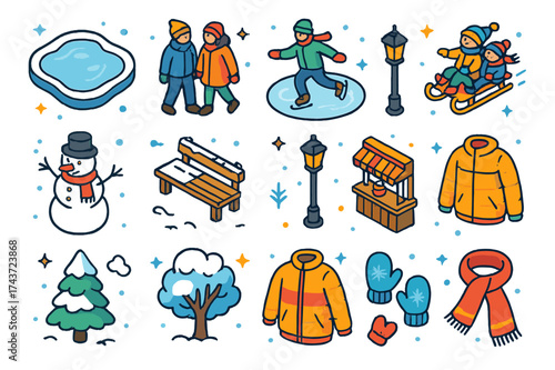 Winter Leisure Icons. Winter leisure. Colorful isometric vector icons set of winter leisure: frozen pond, people walking, ice skating, sledding children,
