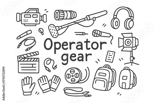 Operator Gear Doodle. Operator gear. Hand-drawn doodle illustration of Operator gear. Camera, tripod, lens,