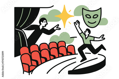 Modern Theater Illustration. Grand Theater. A glowing sweeping view of red velvet seats curving around stage, abstract floating spark and curtain icons