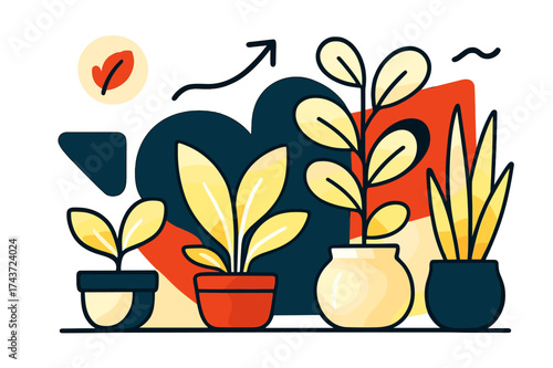 Vibrant Plant Harmony. Plant arrangement. Glowing potted plants of varied shapes and sizes, abstract floating icons representing growth and harmony, soft