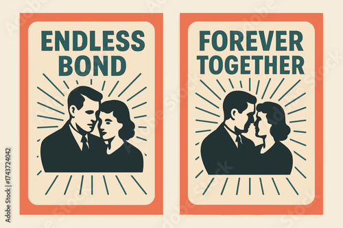 Endless Bond Banners. Togetherness. Two vertical A6 banners with safe margins, centered composition, no elements touching edges, retro style, coral and teal,