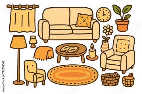 Colorful Cartoon Interiors. Beige Tones. Colorful Hand-drawn doodle Children illustration Beige sofa, armchair, rug, vase, lamp, cushion, curtain, blanket,