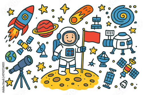 Colorful Moon Exploration. Moon Landing. Colorful Hand-drawn doodle Children illustration astronaut, flag, moon, rocket, star, planet, space suit, telescope,