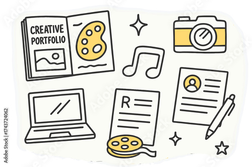 Creative Portfolio Elements. Creative Portfolio. Hand-drawn doodle illustration sketchbook (colored), palette, camera (colored), laptop, resume (colored), pen,