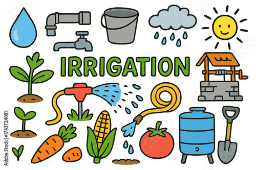 Irrigation Doodle Icons. Irrigation. Colorful Hand-drawn doodle Children illustration Water drop, pipe, bucket, sprinkler, hose, rain cloud, plant sprout,