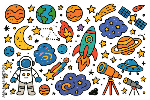 Cosmic Doodle Adventure. Cosmos. Colorful Hand-drawn doodle Children illustration Stars, planets, moon, rocket, astronaut, telescope, UFO, meteor,