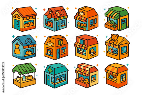 Community Shops Icons. Community shops. Colorful isometric vector icons set of community shops: bakery store, butcher shop, flower shop, corner grocery, tailor