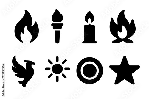 Ignition Icons Set. Ignition. Filled icon set of Ignition: flame, torch, candle, bonfire, phoenix, sun rays,