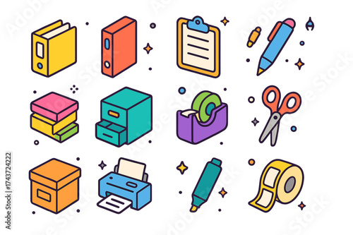 Colorful Office Icons. Office Supplies. Colorful isometric vector icons set of office supplies: file folder, binder, clipboard, pen, sticky notes, drawer, tape