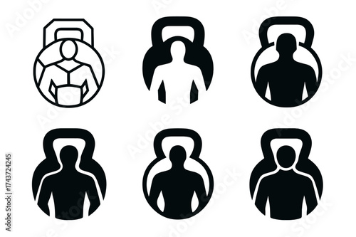 Dynamic Fitness Logos. Personal trainer. Set Logo of Fitness: kettlebell with personal trainer icon. harmonious logo variations of the same emblematic concept,