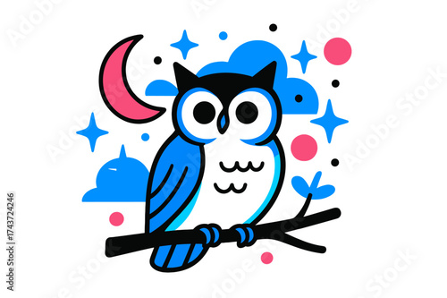 Glowing Owl Fantasy. Night Owl. A glowing owl sitting on a tree branch, abstract floating stars and moon shapes surrounding it in calm atmosphere. Modern
