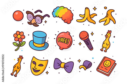Colorful Comedy Props. Comedy Props. Colorful isometric vector icons set of Comedy Props: clown nose, funny glasses, wig, banana peel, water spray flower,