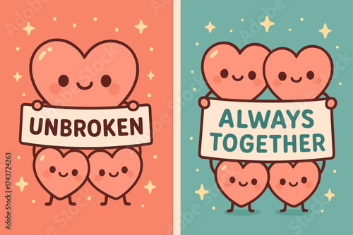 Kawaii Heart Banners. Unbroken. Two vertical A6 banners, kawaii, coral and teal backgrounds, cute heart characters holding a shared banner and tiny stars,
